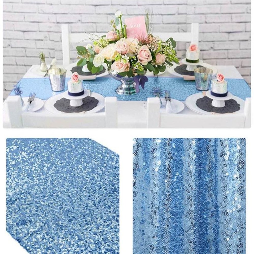 Sequin Rectangle Table Runner Tablecloth Baby Blue Overlay Wedding Party